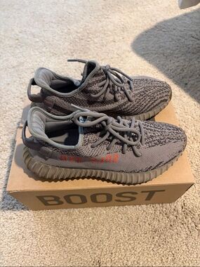 Yeezy Boost 350 V2 Grey Knit Sneakers with Orange Stitching